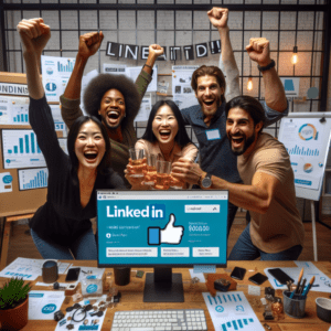 a group of people looking for funding for thier startup via LinkedIn. they've found the perfect match and now they are celebrating